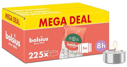 Bolsius - Lot de 225 bougies chauffe-plat - 8 heures de combustion - Blanc - Contient de la cire végétale naturelle - Longueur de combustion - Bougies décoratives ménagères - Sans huile de palme