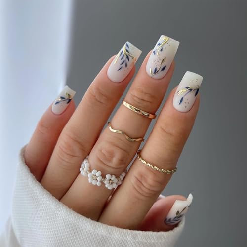 Irikdescia Lot de 24 faux ongles press on nails à coller - Carrés - Taille moyenne - Feuilles dorées bleues - À coller - Blanc mat - Faux ongles brillants