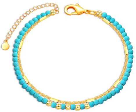 VIVILE Fußkettchen für Damen,Gold Fussketten für Frauen Türkis,Surfen Fußkette Perlen Sterling Silber 925,Fusskettchen Wasserfest,Armband Türkis,Handmade Boho Kleidung Schmuck Style Festival Outfit