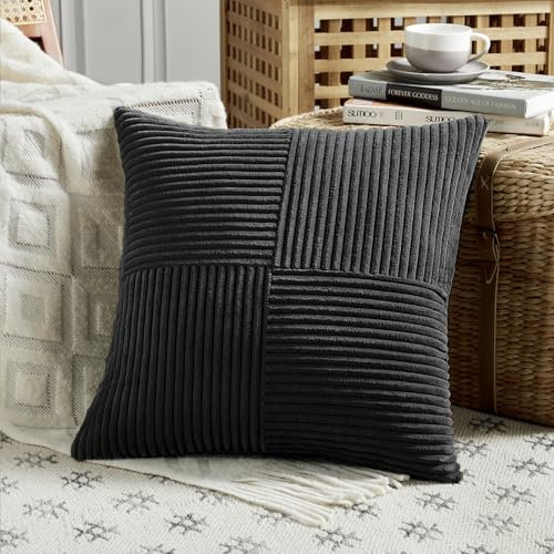 FDTERN 1 Stück Schwarz Kissenbezug 70x70 cm Weich Kordsamt Kissenbezüge Kissenhülle Dekokissenbezug Sofakissen Dekokissen Boho Deko für Sofa Schlafzimmer Wohnzimmer Balkon (Ohne Kissenfüllung)