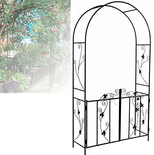 Dekorativer Gartenbogen aus Stahl mit Tor, 110 x 37 x 214 cm, Gartenlaube, Torbogen für Kletterpflanzen, Rosen, Weinreben, Garten, Rasen, Hinterhof, Terrasse