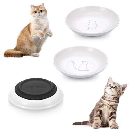 Hejo 3 Stück Katzennapf Keramik, Weiß Futternapf für Katze, Rutschfester Fressnapf für Katze, Flacher Katzenteller, Katzen Napf für Katzen Kleine Hunde (Katzen-Motiv)