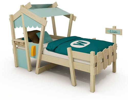 Wickey Kinderbett Crazy Comfy - Einzelbett, Spielbett für Kinder aus Massivholz mit Planendach - 90 x 200 cm - pastellblaue Plane