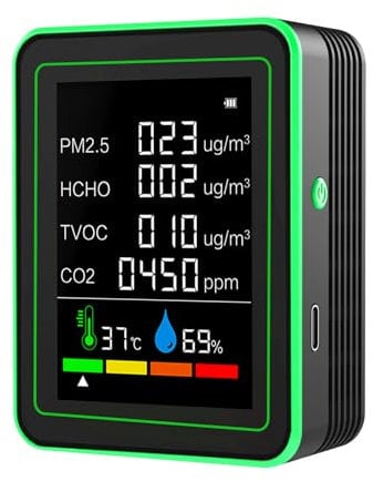Monitor de calidad del aire 6 en 1 para interiores, monitor de contaminación del aire, detector de monitor de CO2, sensor de calidad del aire para Pm2.5, CO2, HCHO, TVOC, temperatura, humedad,