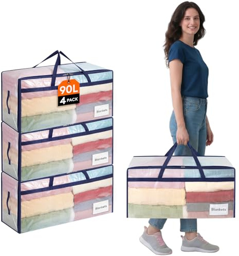 Lifewit Juego de 4 Bolsas Almacenaje Ropa 90 L, Bolsas Mudanza Grandes con Asas, Cajas Mudanza Plegables para Edredones, Mantas, Ropa, Transparente