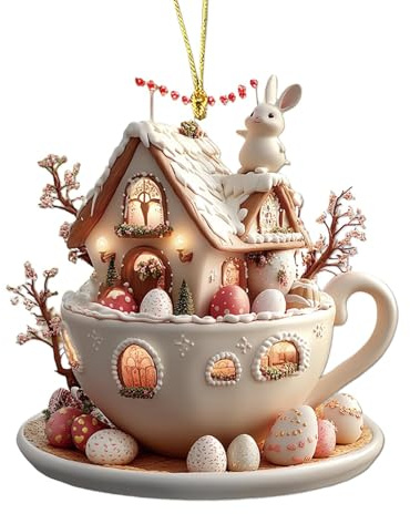 Qyljeiwred Coffee Cup House Easter Egg Hangable Decor | Coffee Cup House Easter Egg Easter Pendant - 2d Acrylic Flat Hangable Decor, Easter Ornaments for Tree Decorations