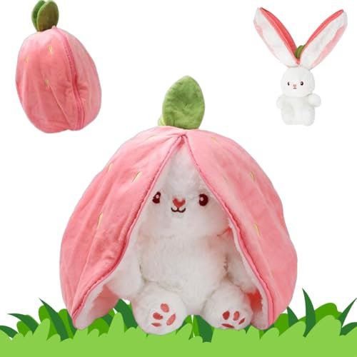 EZOULUOBA Doudou Lapin Fraise - Doudou Lapin Fraise,Peluche Lapin Carottes,Peluche Lapin, Cadeau de Pâques & Anniversaire Enfant,Coussin Lapin Fraise Peluche