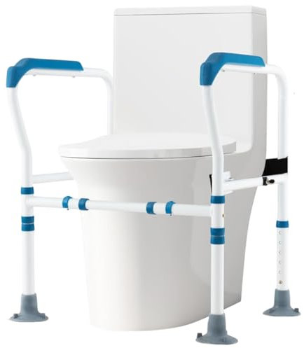 HOMFME Foldable Toilet Safety Frame, Height and Width Adjustable Toilet Safety Rails Stand with Fixed Stra, Non-Slip Pads, Bathroom Handrail Support Aids for Disabled Elderly Pregnant Handicap (Blue)