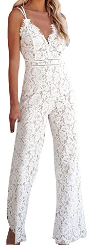 Tuta da donna in pizzo, con spalline sottili e scollo a V, con schiena scoperta, pantaloni a gamba larga, tuta lunga, tuta intera, salopette estiva casual con tasche, bianco, XXL