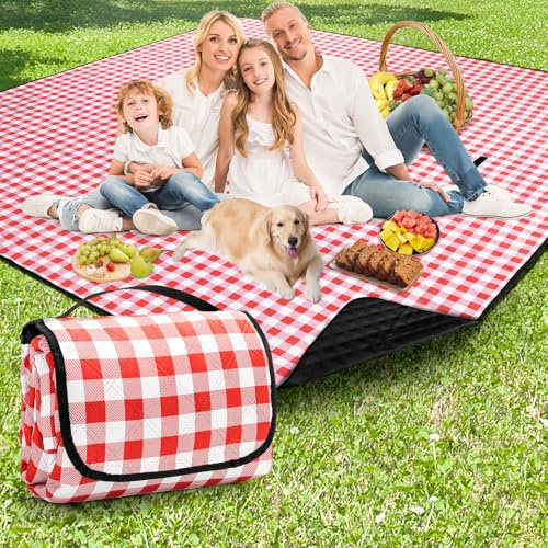 Anyiner Grande couverture de pique-nique imperméable, 200 x 200 cm, 3 couches, résistante au sable, lavable en machine, pour camping, parc, jardin, plage, extérieur (carreaux rouges)