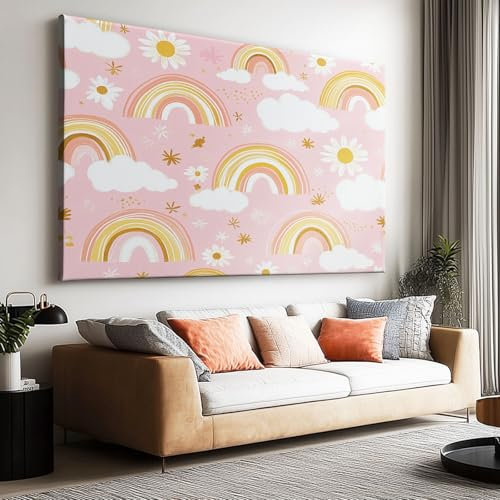 Peinture à l'huile Rose Clair Affiche Toile Art Mural Peinture, Tableau sur Toile Nuages ​​Et Fleurs Arc en Ciel de Rêve pour Décoration de Salon Décoration d'intérieur 80 x 60 cm (L x l) Sans Cadre