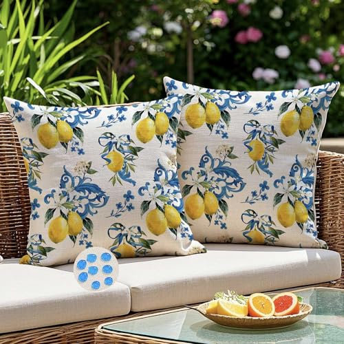 Kiatuniya Outdoor Kissen 40x40 Gelb Blau Gelb Zitronen Kissenbezug Wetterfest Kissenhülle Sofakissen Dekokissen Gartenkissen Modern Sommer Kissenbezüge für Garten Sofa Balkon Terrasse Deko 2er Set