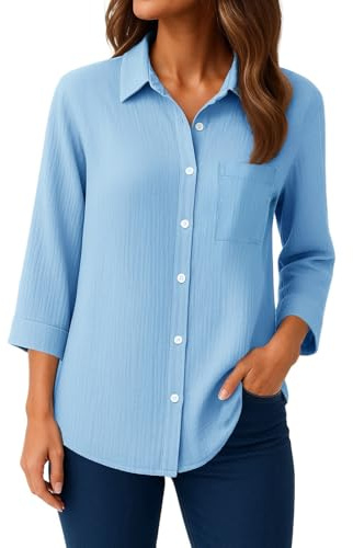 T-Shirts Damen 3/4 Arm Sommer Elegant Button-Down Blusen Casual Kurzarm Baumwollmischgewebe Hemdbluse Basic Revers Hemd Oberteile Tunika Shirts Top