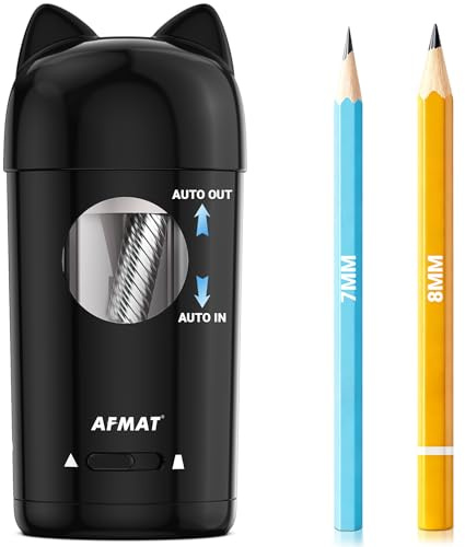 AFMAT Vollautomatischer Elektrischer Anspitzer mit Katzenohren, Elektrisch Bleistiftspitzer mit Behälter für 7-8mm Stifte (Dicke & Dünne) – USB Spitzer Kinder, Geschenk für Schule/Büro, Schwarz,PSX9