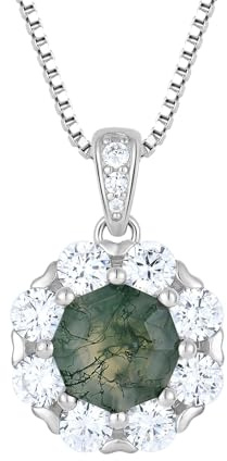 JO WISDOM Women Natural Moss Agate Necklace 925 Sterling Silver Pendant Necklace Cubic Zirconia Green Jewellery for Women
