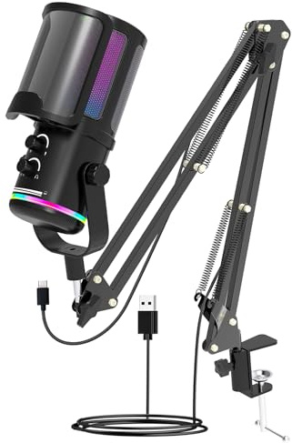 USB Gaming Microphone with Boom Arm Stand for PC/PS5 - Adjustable Scissor Arm & Pop Filter - RGB Condenser Mic with Mic Gain & Headphone Volume Control - Mute Button - Professional Streaming Kit