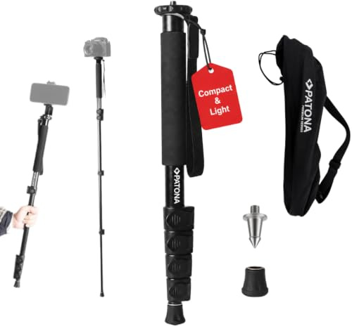PATONA Treppiede monopiede telescopico di alta qualità, leggero design telescopico in alluminio robusto, treppiede per fotocamera Gezi Mono One, monopiede fino a 155 cm, filettatura da 1/4 e 3/8