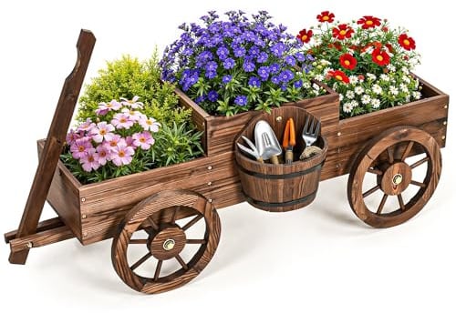 Pamapic Wagon Garden Planter, Raised Planter with Handle and Wheels, Wooden Planters for Vegetable, Flowers, Herbs, Patio, Backyard, Balcony, Indoor and Outdoor, 158.5x54x41cm, Brown