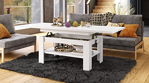 designimpex Rio Couchtisch ausziehbar höhenverstellbar 130/170 cm in Weiß Matt modern Ablage Wohnzimmertisch Esstisch Beistelltisch Sofatisch Couch Tisch Living Room Table Wohnzimmer