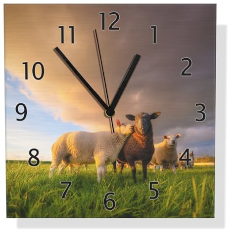 Wallario Design Wanduhr Schafherde im Abendlicht aus Aluverbund, Alu-Uhr Größe 30 x 30 cm, Schwarze Zeiger mit Metalloptik