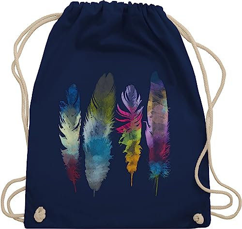 Turnbeutel Rucksack - Kunst - Federn Wasserfarbe Watercolor Feathers - Unisize - Navy Blau - hippie-rucksack art feder beutel hippie stoffrucksack feather juterucksäcke motiven juterucksack