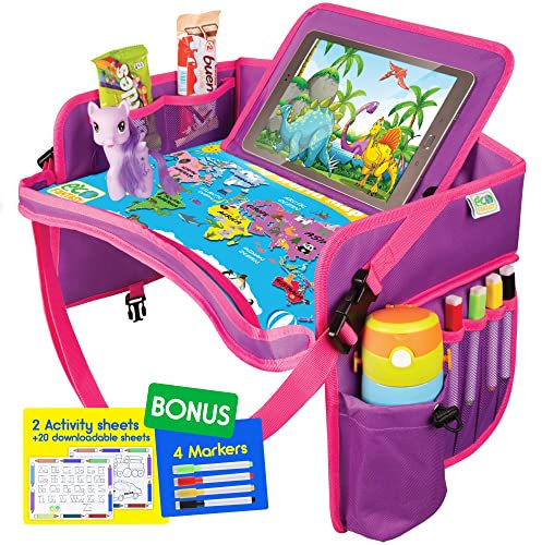 ECOFANTASY Kids Travel Tray - Waterproof Lap Table with No-Drop Large Tablet Holder - Car Seat Tray - Road Trip Essentials Kids - Car Desk Organizer for Airplane - Toddler Travel Essentials (Pink)