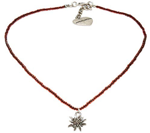 Alpenflüstern Filigrane Mini-Perlenhalskette Strassedelweiss - Damen-Trachtenschmuck mit antik-Silber-farbenem Edelweiss, Dirndlkette rot DHK258