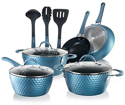 NutriChef 11 Pc Pots and Pans Set Non Stick Cookware with Ceramic Coating, Ergonomic Handles, Induction Ready, Includes Saucepan, Dutch Oven, Large & Small Fry Pans, Royal Blue