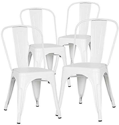 GroBKau Set of 4 Metal Dining Chairs Industrial Style Metallic Stackable Vintage Set for Dining Room Terrace Kitchen Bistro Cafe Living Room Garden Furniture, No Assembly Required,White