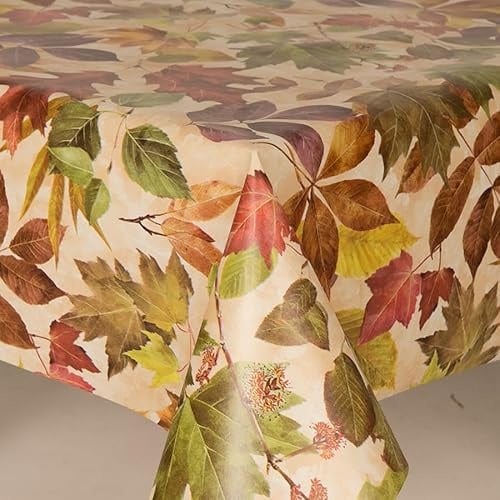 Home Expressions ® Autumn Green Leaves Pvc Wipe Clean Vinyl Table Cloth/Protector Textile Backing, Light Ground with Green Beige Leaves (100cm x 140cm Rectangle)
