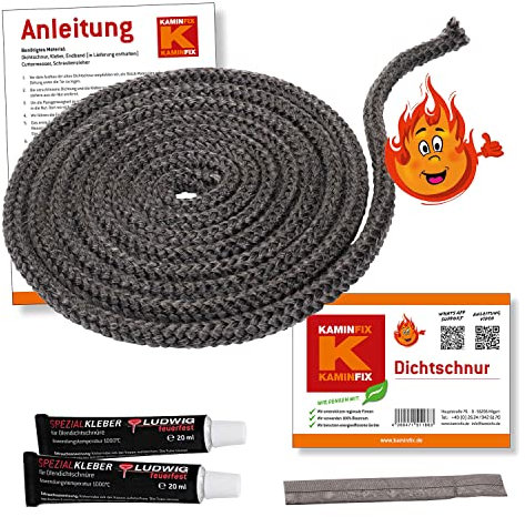 Ofendichtschnur 2,5m inkl. Kleber, Kaminreparaturset in der Größe 14mm, hochwertige Ofentürdichtschnur und Ofenschnur - Dichtschnur für Kaminofen, Ofen Dichtschnur 6, 8, 10, 12, 14mm.