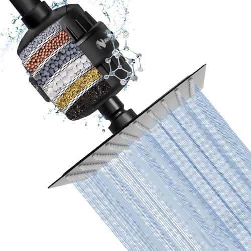 NearMoon Square Shower Head and 15 Stage Shower Filter Combo, High Pressure Filtered Showerhead for Hard Water, Improves the Condition of Your Skin, Hair - 1 Replace Filter Cartridge (Matte Black)
