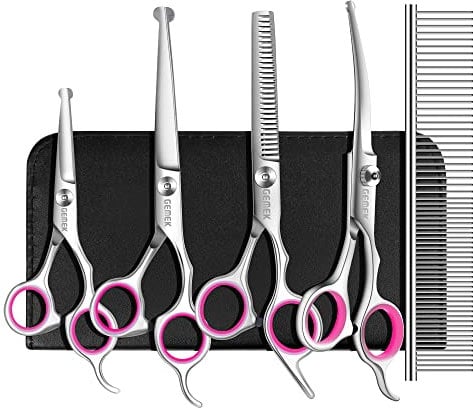 GEMEK Dog Grooming Scissors Set, 4CR Stainless Steel Safety Round Tip Pet Professional Grooming Tool 5 Pieces Kit - Straight, Curved, Thinning Shears & Comb for Dogs, Cats and Other Animals
