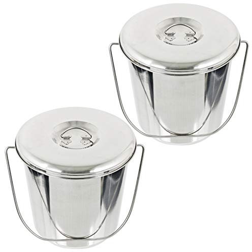 Spares2go Seau de 12 litres en acier inoxydable avec poignée et couvercle pour barbecue (argent, lot de 2)
