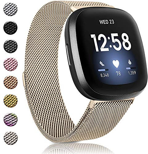 Amzpas Armbänder kompatibel mit Fitbit Versa 3 Fitbit Sense, atmungsaktives Edelstahl-Mesh-Armband, magnetisch, verstellbar, für Damen und Herren, Champagner, Größe S