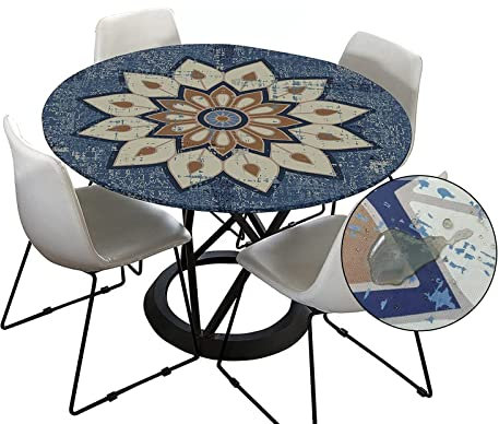 Morbuy Tischdecke Outdoor Rund 70 cm, Elastisch Rund Abwaschbar Tischdecken Wasserabweisend Lotuseffekt Garten Tischdecke Blau Mandala Table Cloth, Ideal für 50cm-60cm