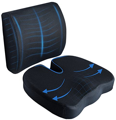 ABN Finest Lumbar Support Cushions - Office Chair Back Support Set with Memory Foam Seat Pillow - Desk, Armchair, Car Seat Cushion for Back Pain, Posture Correction - Black