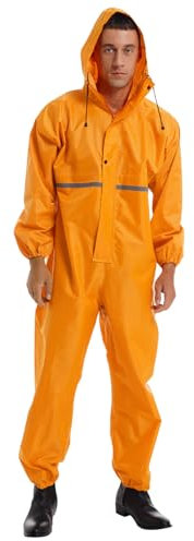 Runhomal Herren Regenanzug Wasserdichte Jumpsuit Langarm Regenoverall Regenkombi Reflektierende Regenmantel Overall mit Kapuze Reißverschluss Raincoat Gelb XL
