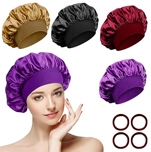 4er set Seidenhaube zum Schlafen Schlafhaube Atmungsaktive Satin Haarhaube mit Haargummis, Verstellbare Schlafhaube Seide Kopfbedeckung für Lockiges Haar, Sleep Cap Satin Bonnet für Damen