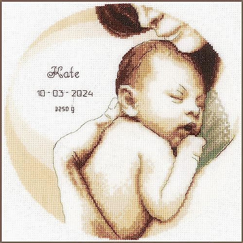 Vervaco Gezählter Kreuzstich Stickpackungen Stickset Baby Geburt Mama und Baby Wanddekoration Handarbeit Set für Erwachsene Kreatives Handwerk ca. 26 x 26 cm Geburt Geschenk Hausdeko