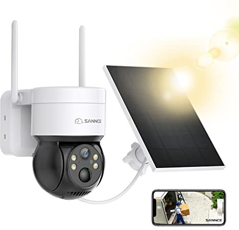 SANNCE 4MP Sicherheit Solarpanel Überwachungskamera Aussen, 350°/90° PTZ Kamera 6300mAh Akku Outdoor IP65, PIR Erkennung, Farbnachtsicht, 2-Wege-Audio, Funktioniert mit Alexa