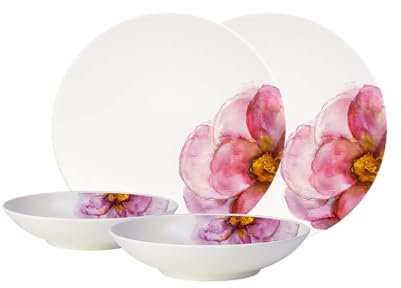 Villeroy & Boch – Rose Garden Geschirr-Set 4 teilig für 2 Personen Blumig, Spülmaschinenfest, Mikrowellensicher, Rosa Teller Set Blumen, Geschirrsett, Speiseteller, Suppenteller, Premium Porzellan