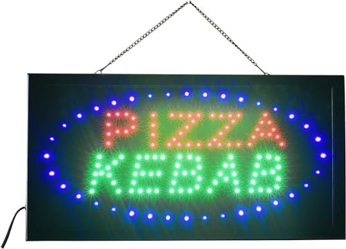 Letrero de mesa luminoso LED con texto – Pizza Kebab 48 x 25 x 2 cm con LED azul intermitente [Clase energética A]