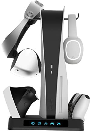 Consola Vertical de refrigeración y Soporte de Carga de mandos para PS5/PSVR2, Soporte y estación de refrigeración con 2 Ganchos para Colgar los Auriculares.