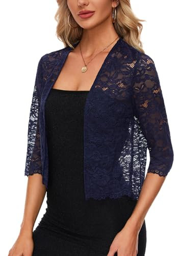 MINTLIMIT Bolero Cardigans for Women Open Front Bolero Shrugs Lace 3/4 Sleeve Top Loose (Navy XXL)