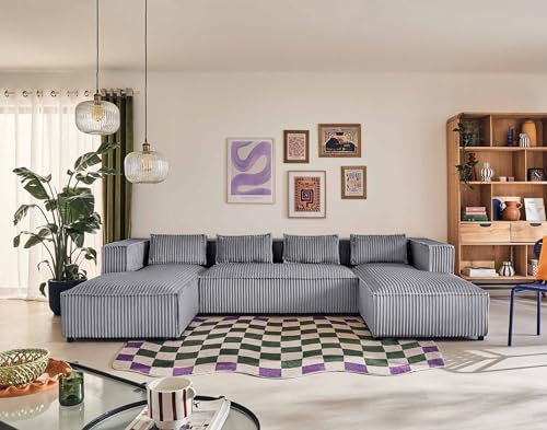 Lisa Design Stella - Wohnlandschaft U-Form - 7 Sitzplätze - aus grob geripptem Samt Grau