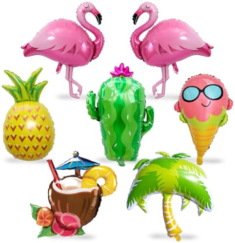 7 Pièces Ballons Fête Hawaïenne, Fête d'été Ballon, XXL Ballon de Flamant Rose Ananas, Géant Cactus Tropical Ballons Cocotier en Aluminium Anniversaire Décoration pour Aloha Piscine Plage Thème Fête