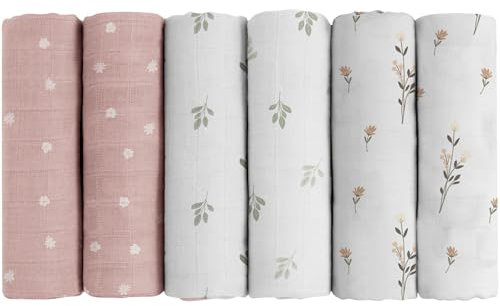 Bubba Bear Musselintücher für Babys, 70 cm x 70 cm, 6er-Pack Spucktücher aus Baumwolle, saugfähig und atmungsaktiv und ideal zum Reinigen, Abwischen und Abdecken von Neugeborenen (Blumen)