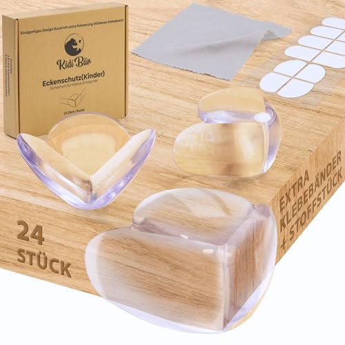 Kidi Bär Eckenschutz Baby 24 Stück Rund Kantenschutz inklusive zusätzlichen Klebestickern + Stoff 10x10cm | Selbstklebend | Rückstandslos Entfernbar | Eckenschutz | für alle Möbel | Weich &Transparent
