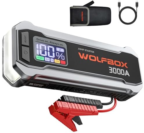 WOLFBOX Avviatore di emergenza da 3000 A, batteria per auto da 12 V con display LCD, caricabatterie rapido da 65 W, batteria portatile da 16000 mAh (motore diesel da 8 litri a gas) con booster, luce